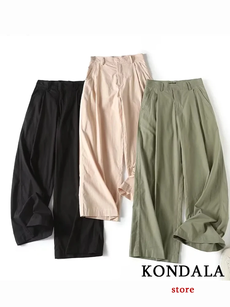 

KONDALA Chic Streetwear Solid Green Women Full Length Pants Fashion 2023 Summer New Casual High Waist Wide Leg Folds Trousers