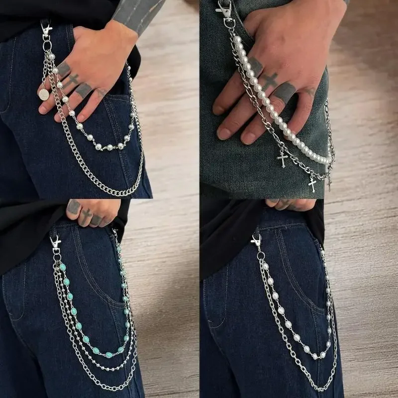 Мужская цепочка для брюк с крестом из искусственного жемчуга в стиле панк-рок; Модные многослойные джинсовые цепочки в стиле хип-хоп на талии безделушки