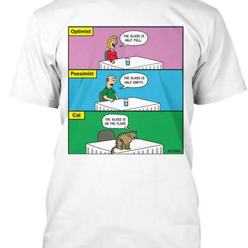 Optimiste Pessimiste Cat Optimiste Le verre est demi t-shirt fabriqué aux États-Unis S à 5XL