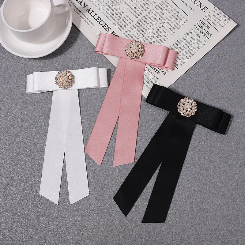 

Korean Version of College Style Brooch Pearl Ribbon Bow Tie Accessory Large Collar Flower Female Professional Shirt Collar Pin