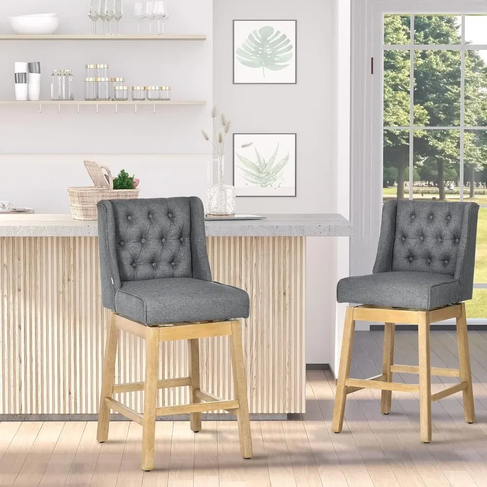 Height Bar Stools Set of 2, 30" 180 Degree Swivel Seat Height Bar Chairs with Solid Wood Footrests and Button Tufted Design