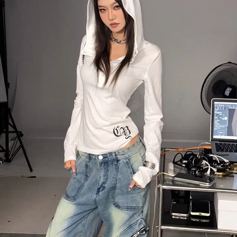 

Tops T-shirts Blouses Women's American Style Punk Long Sleeve Hooded Gothic Sheer Slim Fit Lightweight Comfortable Minimalist