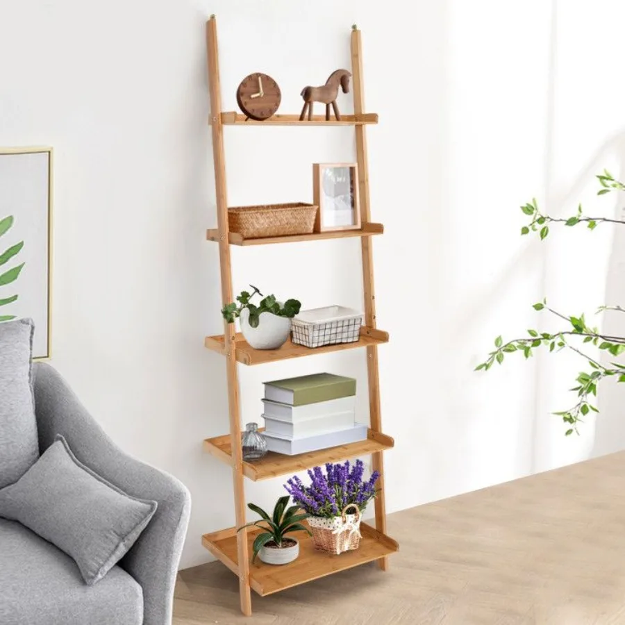 

5Tier Ladder Shelf Bamboo Bookshelf WallLeaning Storage Display Plant Stand