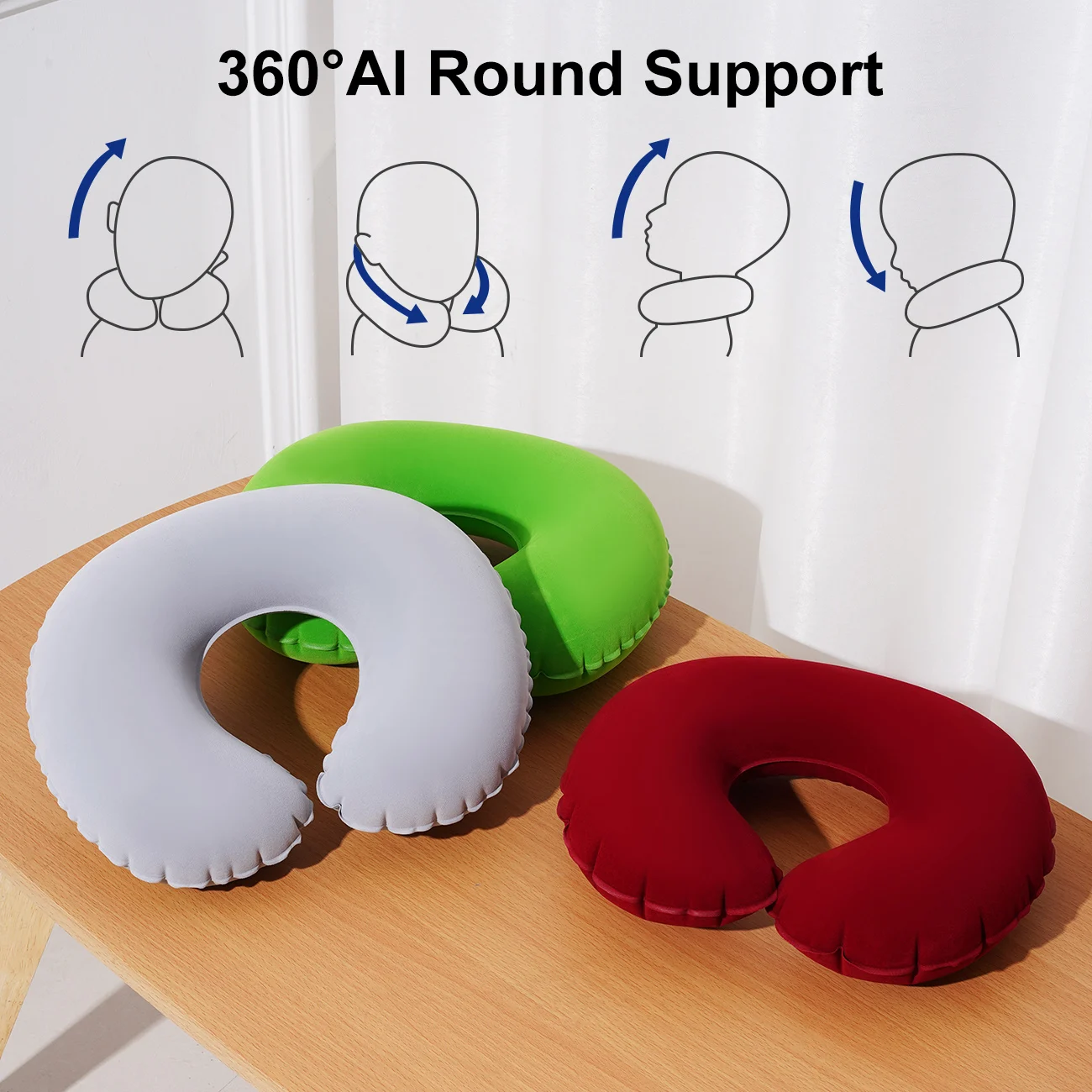 1PC Flocked Inflatable Travel Neck Pillow – Portable Support Cushion Suitable for Use on Planes, in Cars and at Home