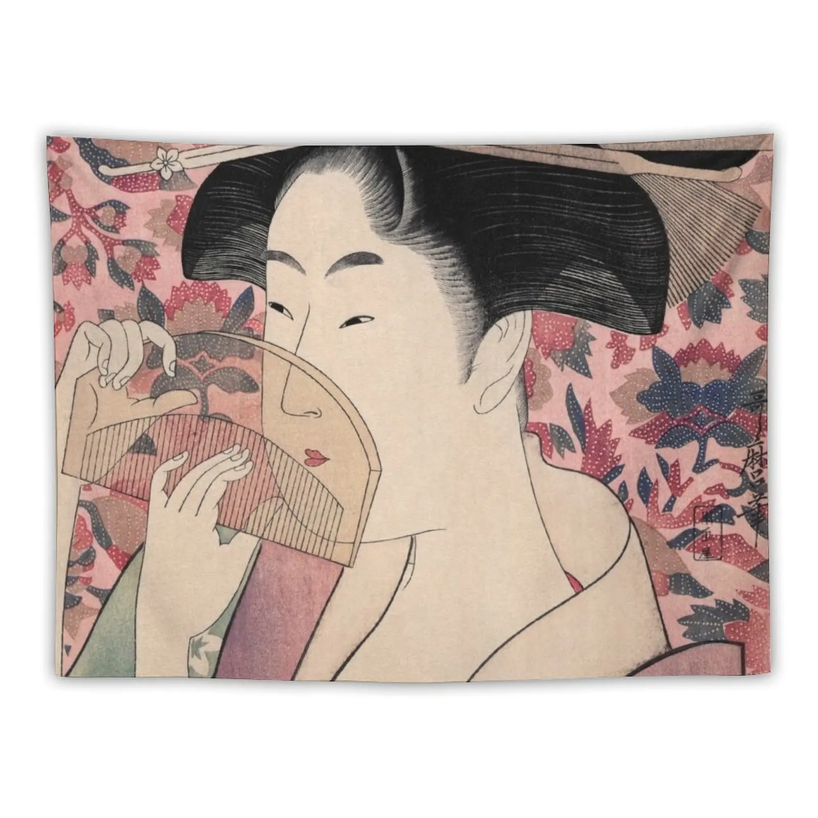 Japanese Geisha Holding a Comb by Kitagawa Utamaro Tapestry Wallpapers Home Decor Decoration Aesthetic Tapestry