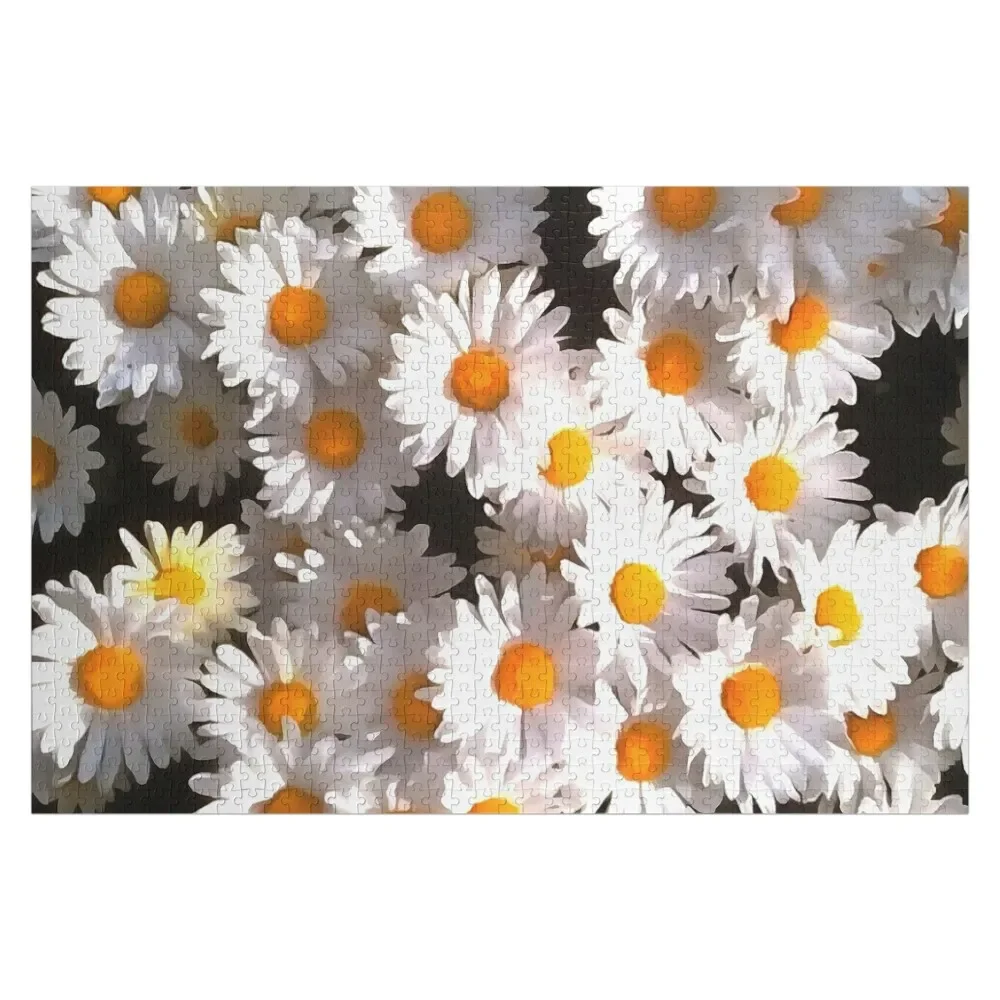 Brilliant White Daisies On Black Floral Art Jigsaw Puzzle Woods For Adults With Personalized Photo Puzzle