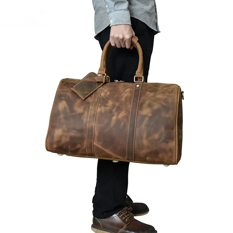 Vintage Men travel duffel 18' Carry On Bag Oil genuine leather Weekend Shoulder Overnight Bags Boston mala de viagem luggage bag