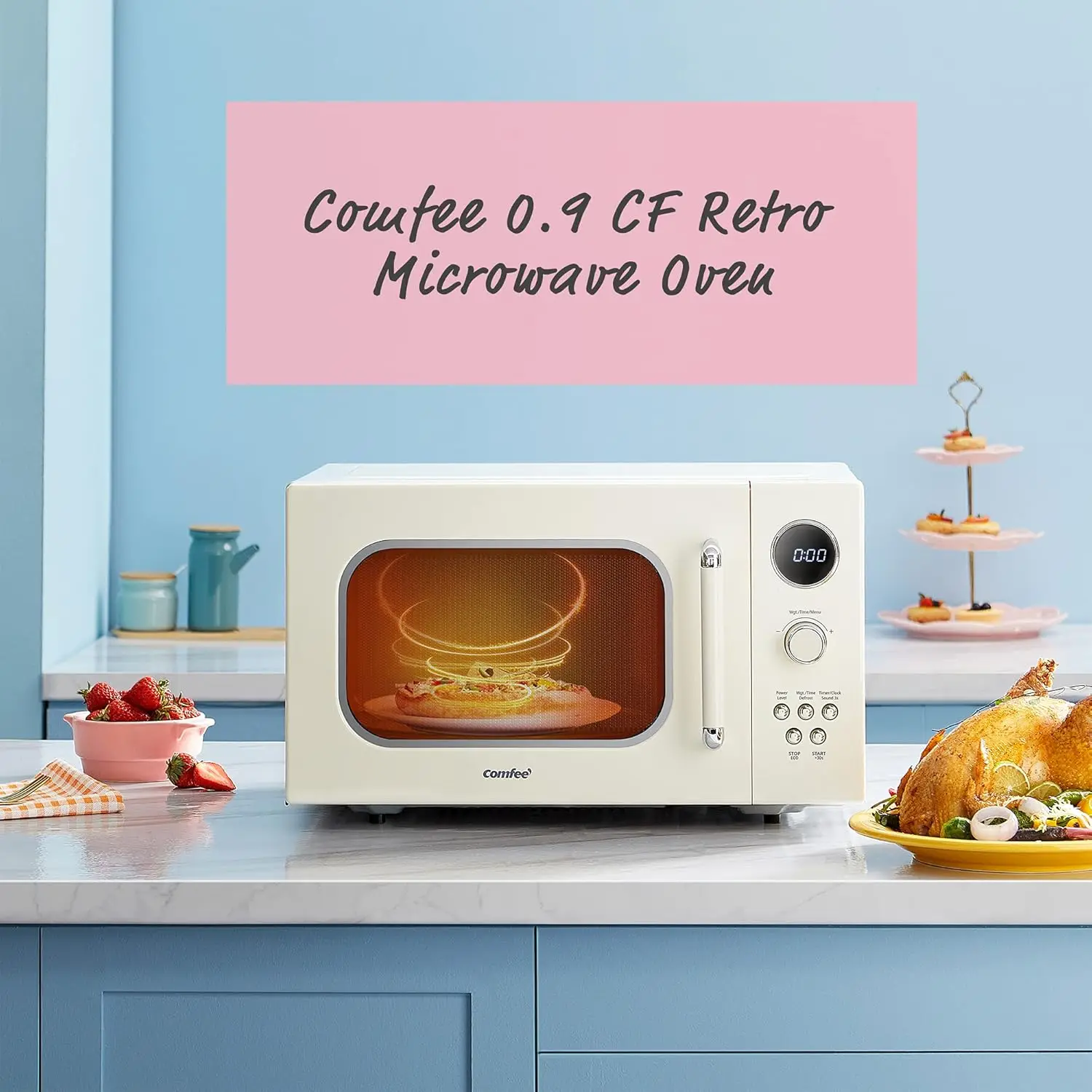 Retro Microwave with 9 Preset Programs, Fast Multi-stage Cooking, Turntable Reset Function Kitchen Timer, Mute Function ECO Mode