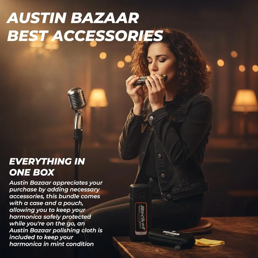 Harmonica à fusée progressif Hohner en clé de C avec pochette de protection et chiffon de polissage Austin Bazaar Premium idéal pour
