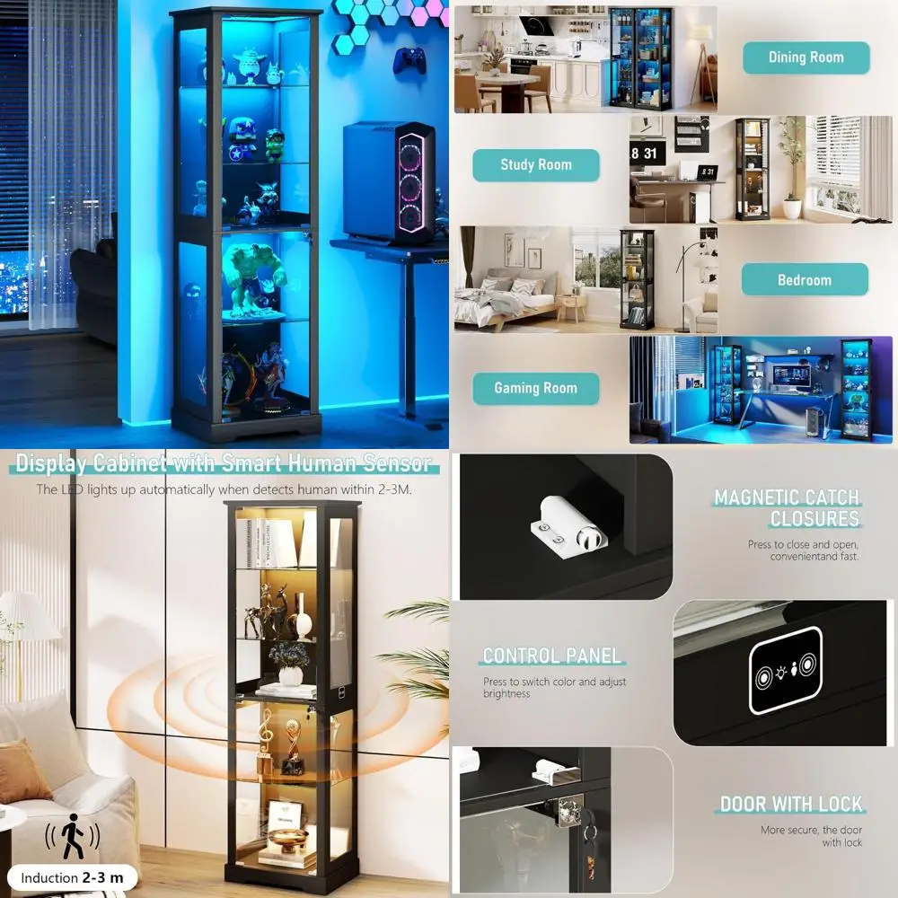 

5-уровневая витрина со стеклянной дверью с подсветкой и датчиком движения для предметов коллекционирования и хранения книг