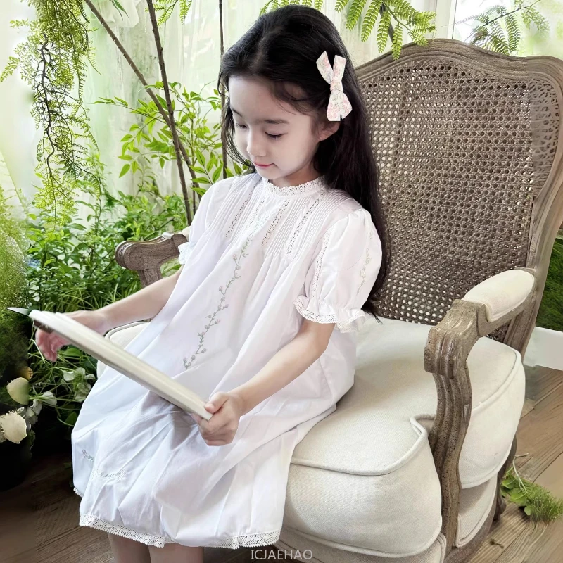 

Teen Girl Clothes Children White Sleeve Dress Korean Simple Style Loose Casual Costume Vintage Hand Smocked Kids Girls Short