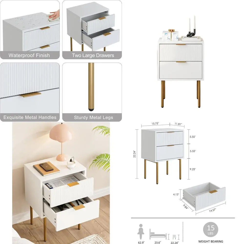 

Элегантная белая прикроватная тумбочка с 2 ящиками и золотой рамой для спальни и гостиной