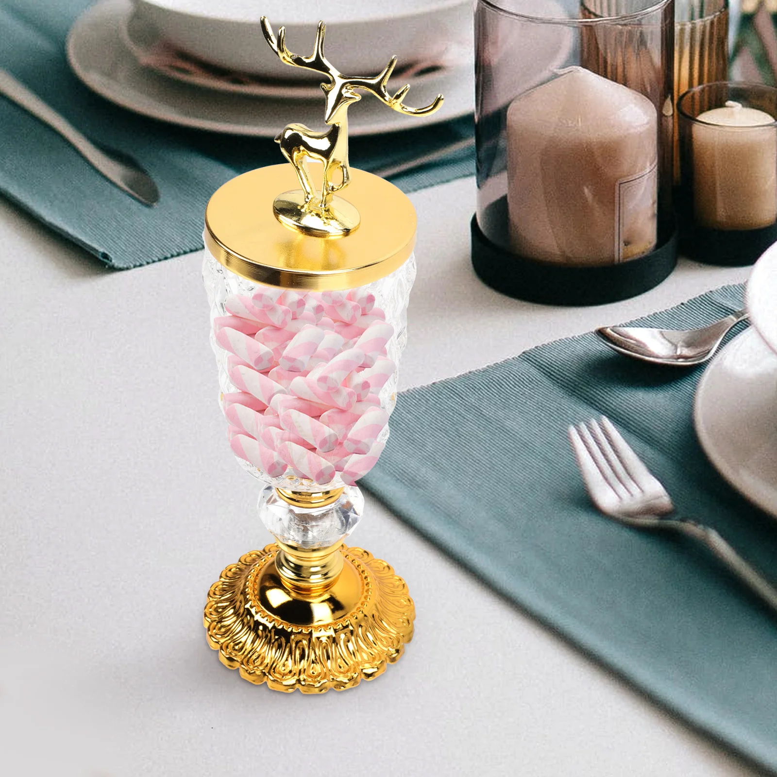 

Gold Candy Storage Can Premium Glass Iron Nordic Deer Design Candy Jar Household Desktop Decor Wedding Party Accessory Dried