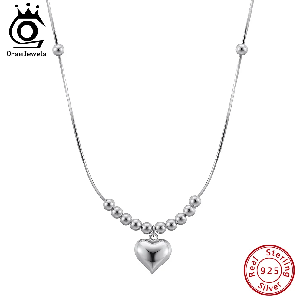 

ORSA JEWELS New 925 Sterling Silver Love Heart Pendant Necklace Chain Sweet Beaded Heart Necklace Girl Love Choker Jewelry APN49