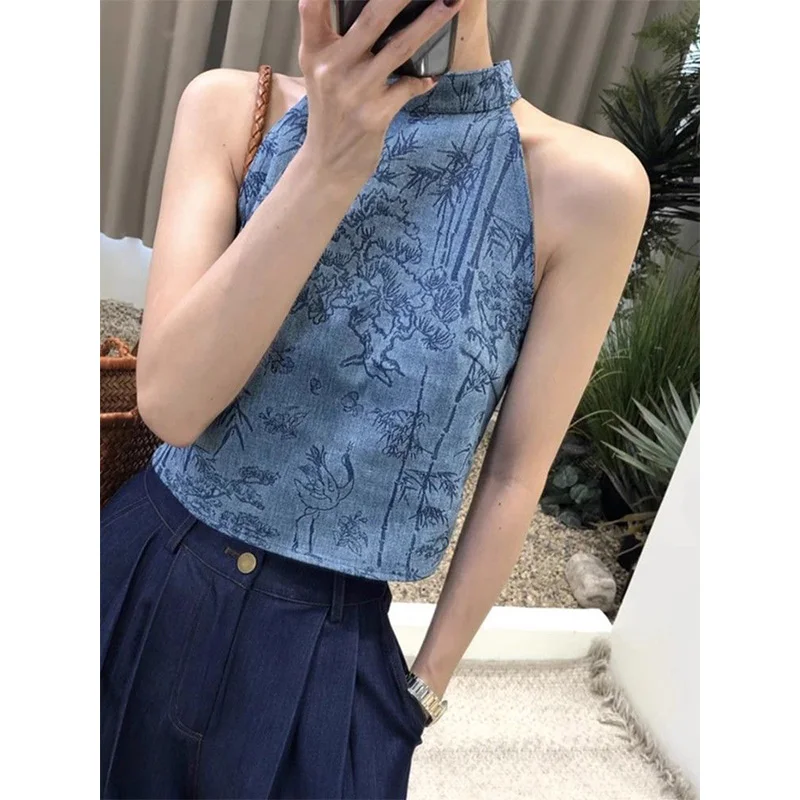 

Women Clothing Summer Fashion Simplicity Trend Sexy Printing Halter Female All-match Fashionable Sleeveless Appear Thin Tank Top