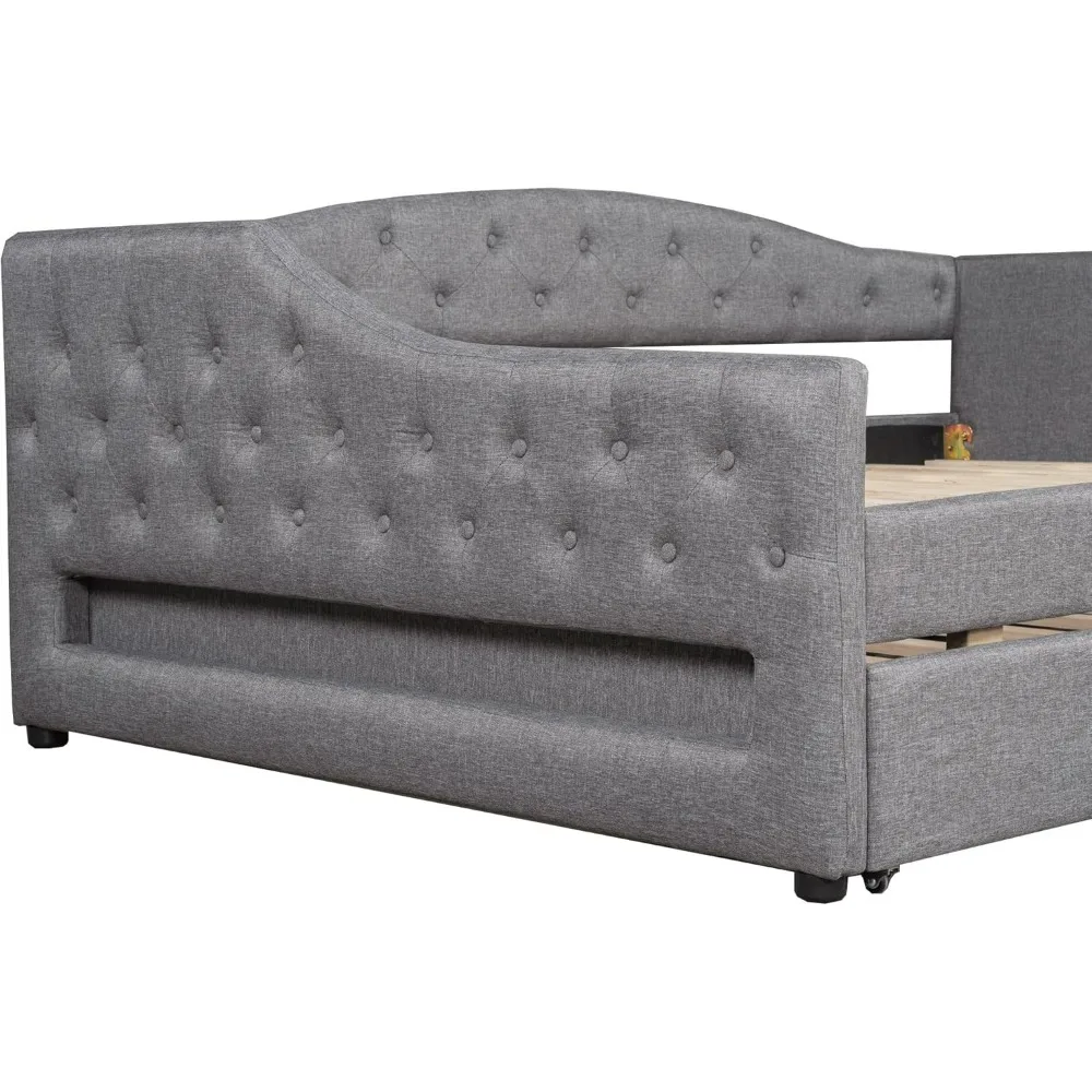 سرير نهاري XL مع إضاءة LED، إطار سرير نهاري مغطى بالكتان مع شرائح من الخشب الصلب لسكن الضيوف #6