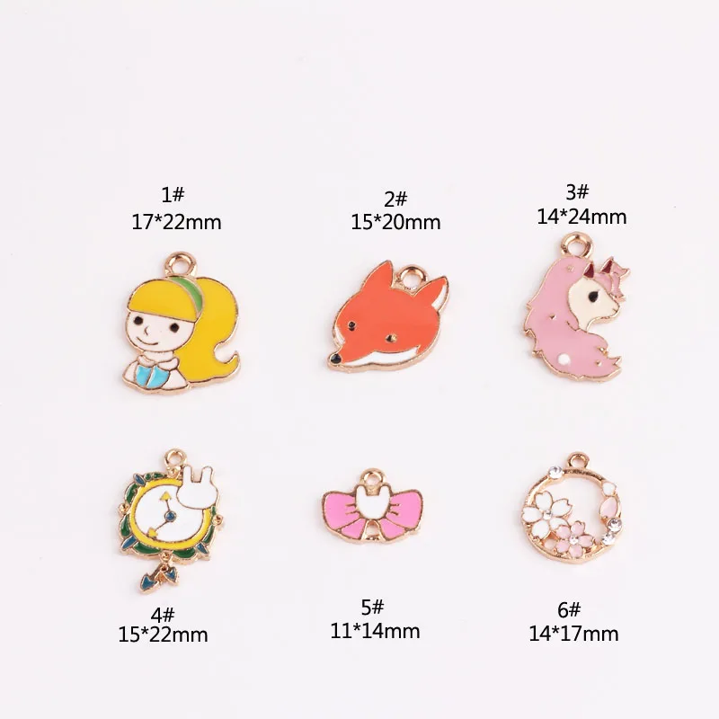 10pcs Diy Ear Accessories Alloy Drop Oil Pendant Cartoon Clock Alice Girl Fox Hedgehog Hand Made Material Charms For Jewelry