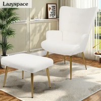 Lazyspace Armchair with Footstool and High Backrest,Scandinavian Wing Chair,for Living Room Bedroom,Teddy Fleece Fabric,White