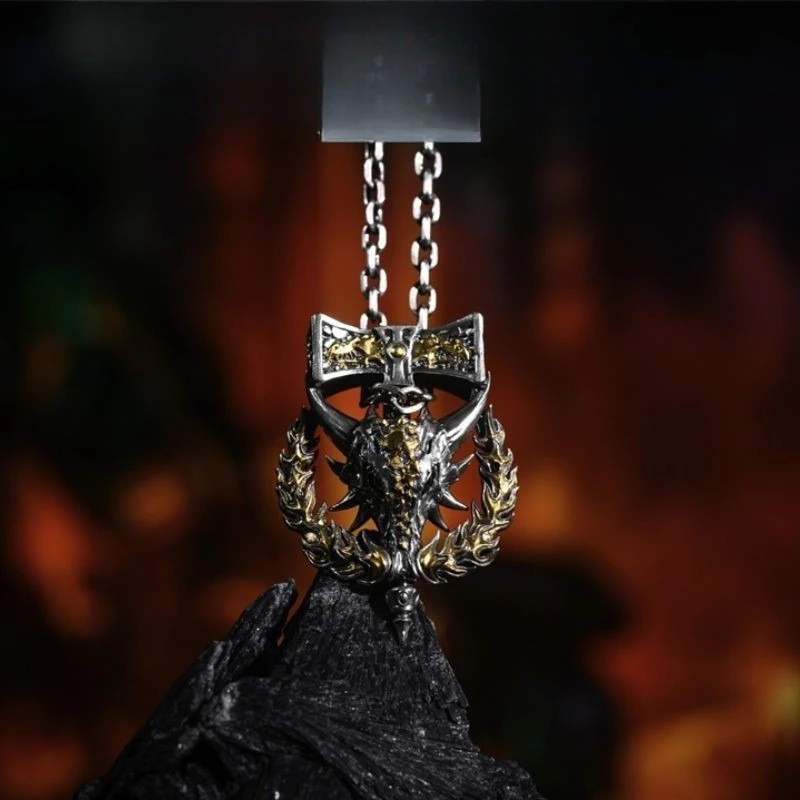 Vintage Two Tone Dragon Head Pendant Necklace Alloy Gothic Flame Design Jewelry for Men