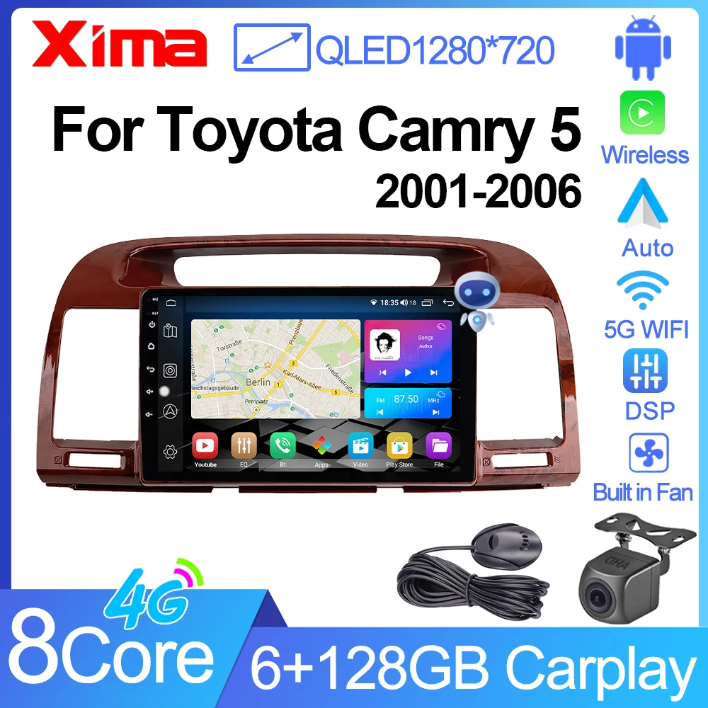 XIMA XV6 Android 12 Auto Car Radio For Toyota Camry 5 XV 30 2001-2006 Multimedia Wireless CarPlay GPS Navi 2din dvd qled 5G WIFI