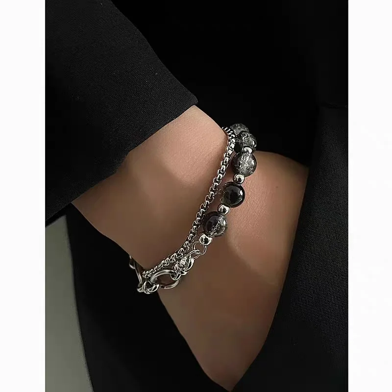 

Hip-hop Titanium Steel Bracelet Double-layer Chain Design Cracked Ice Bead Accents Men Women Hand Accessory Punk