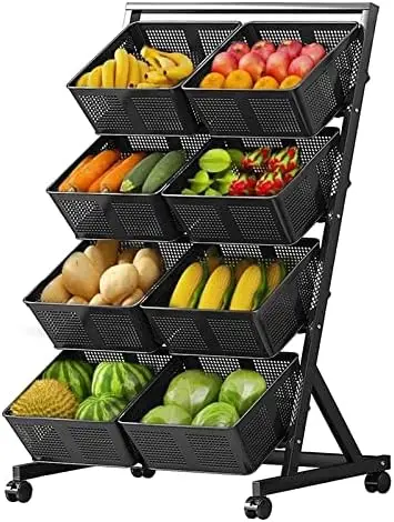 

Kitchen Basket Stand 4 Tier Rolling Cart with 8 Detachable Cube Baskets Metal Fruit Vegetable Rack Stand for Organizing Utility