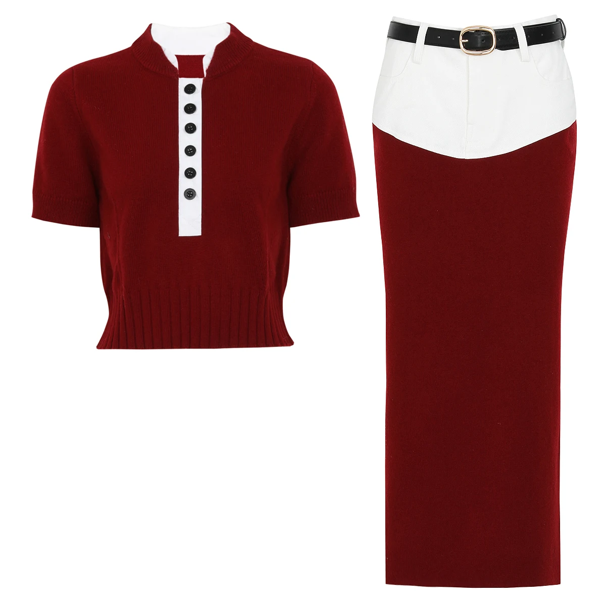 

2603 High-Quality Summer New Fashionable Temperament Commuting Splicing Knitted Women's Short-Sleeved Top + Belt Skirt Set