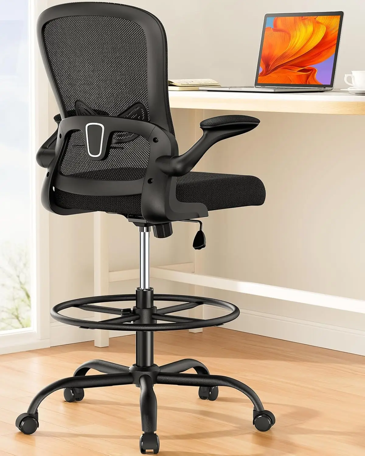 

Drafting Chair, Standing Desk Chair with Flip-Up Armrests, High Desk Chair Adjustable Height, Ergonomic Tall Office Chair