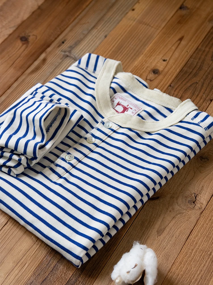 300GSM Double-Yarn Pure Cotton French Vintage Breton Stripe Long Sleeve Henley Shirt Unisex Button-Down Sailor Tee 100% Cotton
