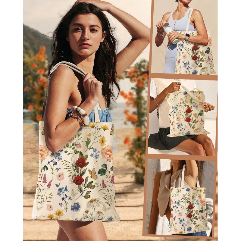1pc Vintage Wildflower & Butterfly Print Reusable Canvas Shopping Bag, suitable for daily use, shopping, school and travel,