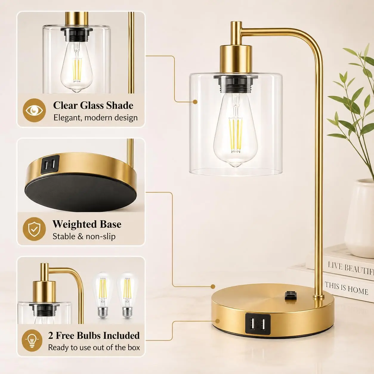 Touch Control Table Lamps Set of 2 - Gold Nightstand Lamps with USB & Outlet, 3-Way Dimmable Desk Lamp for Bedroom view 5