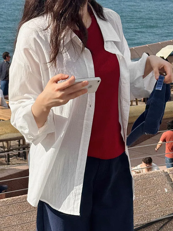 

Spring Summer New Sle mat Long Sve Cotton irt Women Loose Collar Simple Match All Pure Sunscreen Top irt