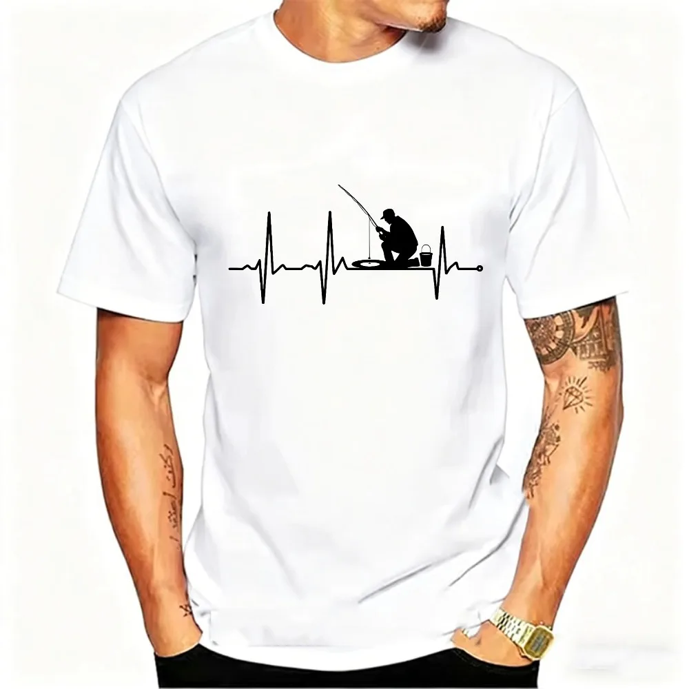 Heartbeat ECG Fishing Silhouette T-Shirt Men Fisherman Graphic Tee Short Sleeve Crew Neck Fish Rod Bucket Funny Gift Cotton Tops