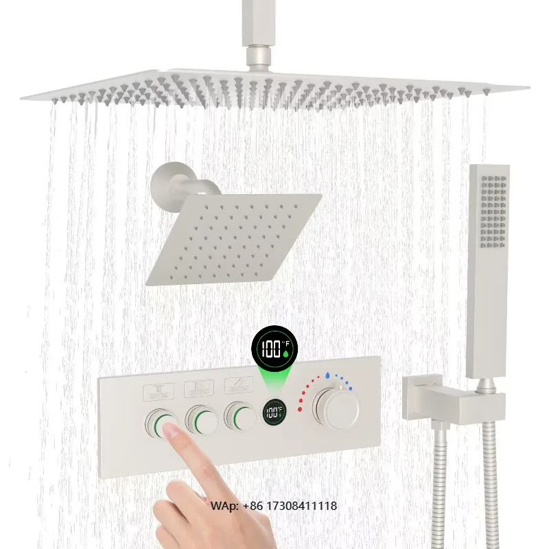 

Bathroom Brushed Nickel Shower System Double Top Spray Shower Head Digital Display Shower Unit with Valve