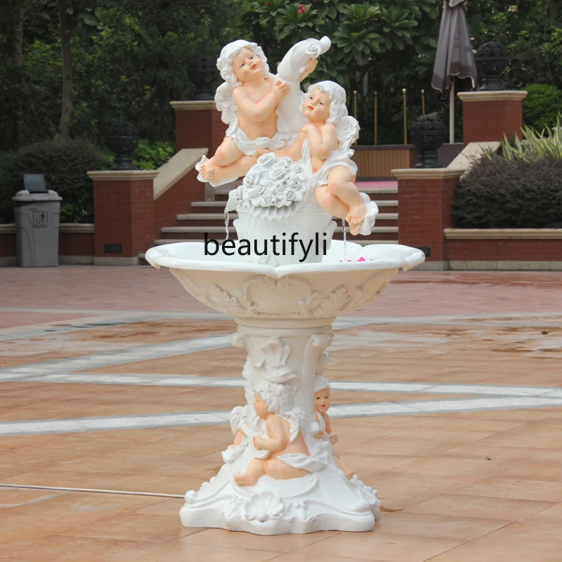 European Angel Water Fountain Fish Pond Sculpture Craft Home Outdoor Waterscape Decoration Character Floor Villa Decoration