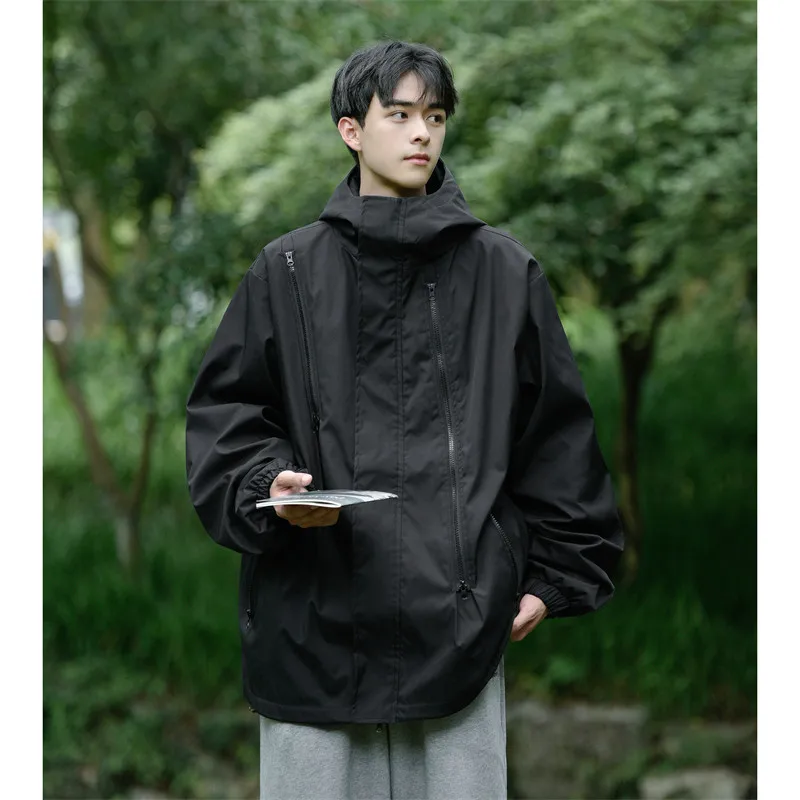 

Молодежная мужская куртка для активного отдыха с капюшоном и декоративными вставками, в американском стиле, функциональная рабочая одежда, верхняя одежда для весны и осени