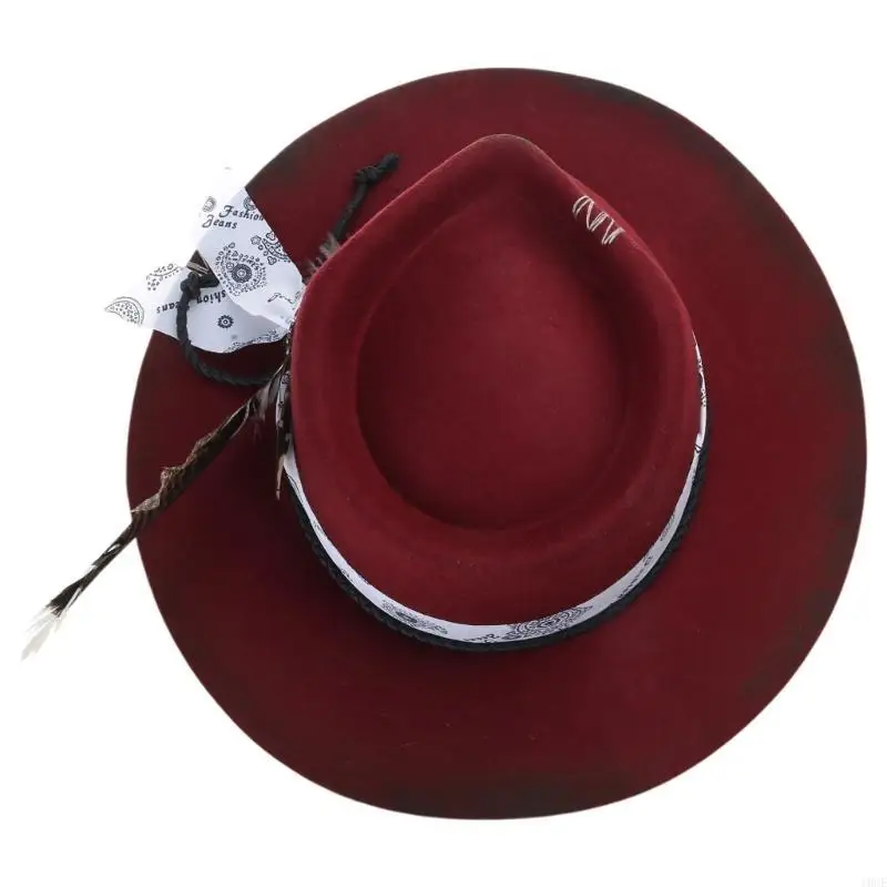 Elegant Homburg Wool Hat Fedoras Distressed Exotic Ribbon Wide Brimmed Hat Surprise Gifts Wool Hat for Live Show 