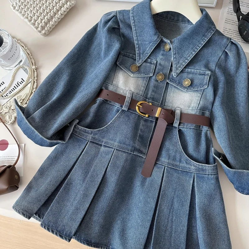 2026 Girls Denim Dress Spring and Autumn New Retro Style Cowboy Dress Long Sleeve Pleated A-line Dress Kids Clothes 2-8T