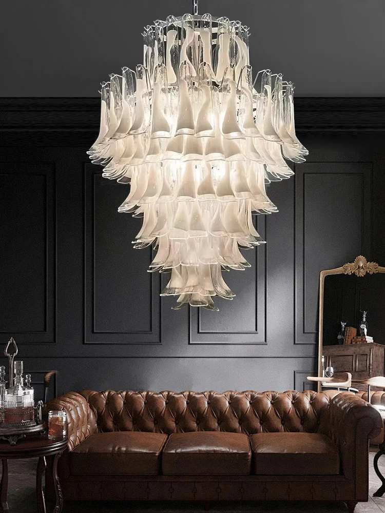 

Staircase White Petal High Ceiling Chandeliers European Vintage Designer Glass Lighting Fixture LED Living Room Deco Villa Lamp