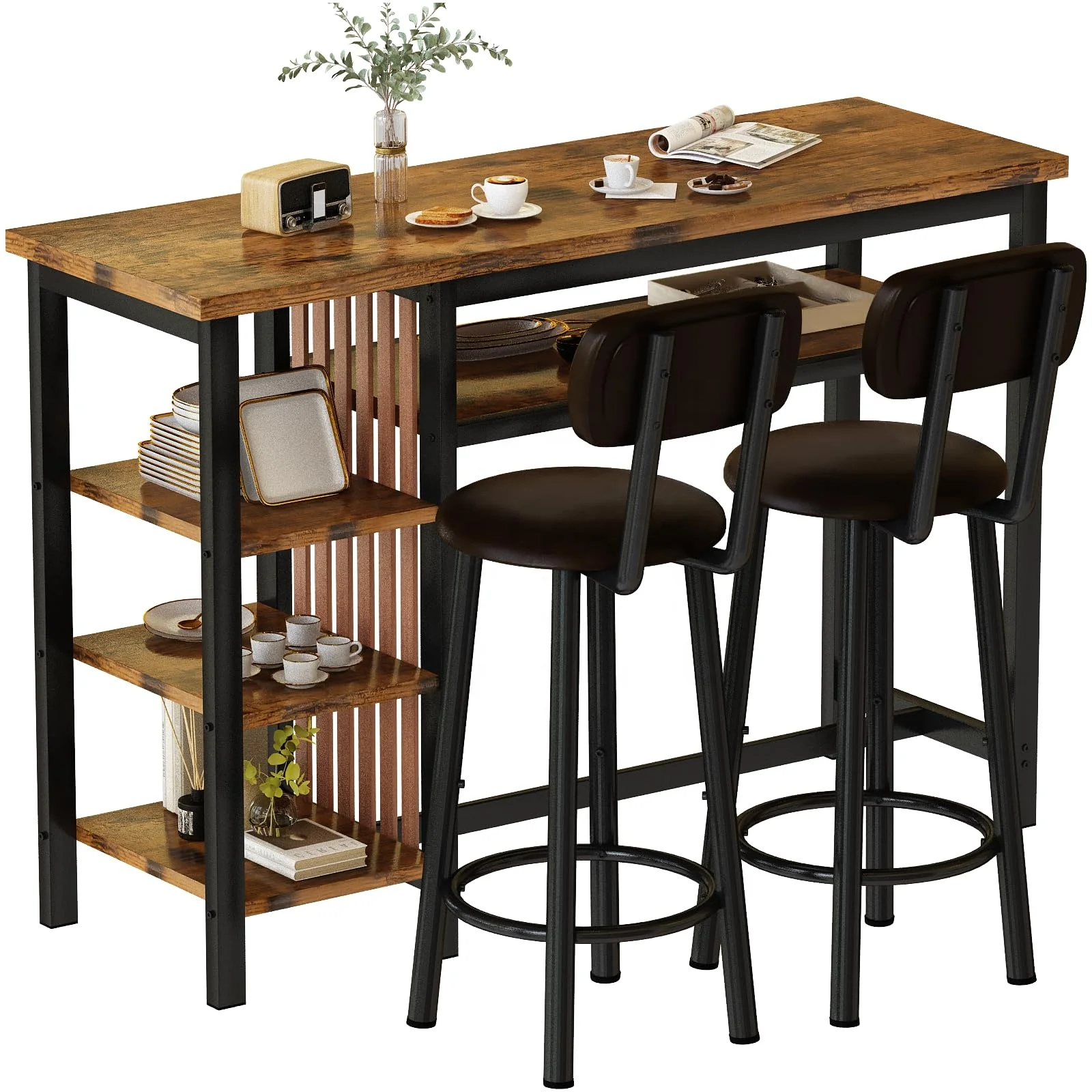 Modern 3Pcs 4-Tier Storage Kitchen Island Backrest Wooden Bar Table And Chair Set Metal Frame Luxury Bar Height Dining Table Set