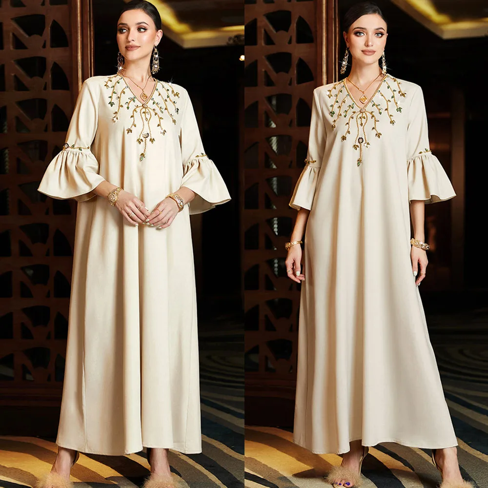 Women Dubai Rhinestone Dress Party Gown Summer Islamic Muslim Slim Abaya Kaftan Turkey Robe Moroccan Jalabiya Vestidos S-2XL