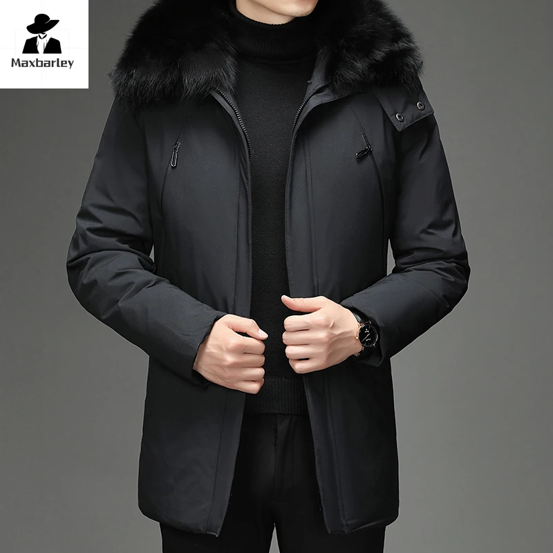 Luxury Winter Men's Down Jacket Business Soft Comfortable Big Fur Collar Hooded Feather Duck Coat Man Trendy Warm Puffer Jacket