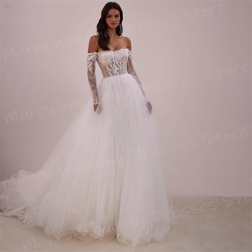 Gaun pernikahan wanita model A Line menarik modis gaun pengantin renda applique anggun gaun pengantin gaun lengan panjang klasik Vestidos De Novia