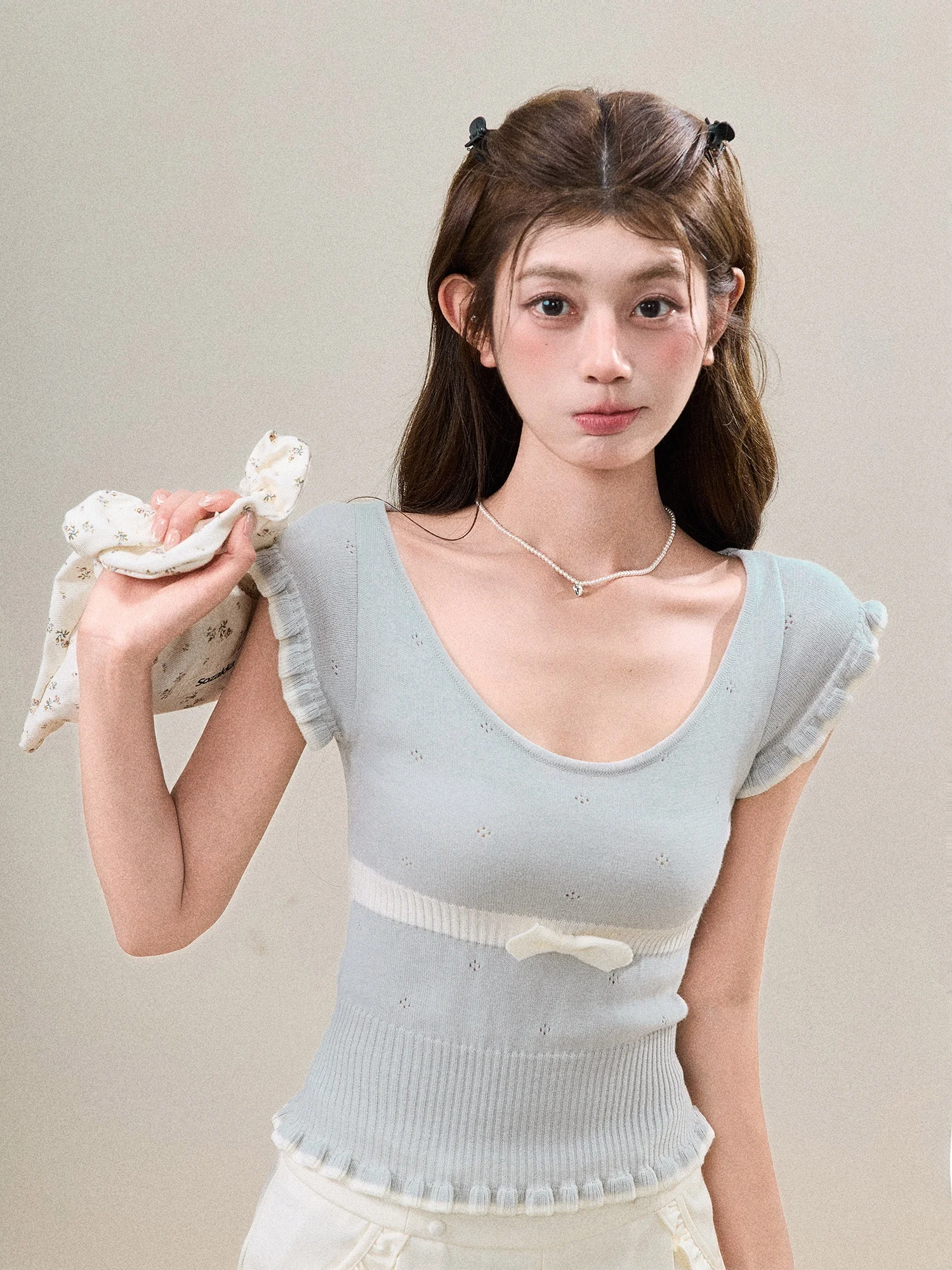 

Женская трикотажная футболка Sweety с коротким рукавом из шерстяной смеси, с завязками, приталенная, с эффектом утяжки талии, весенне-летний топ