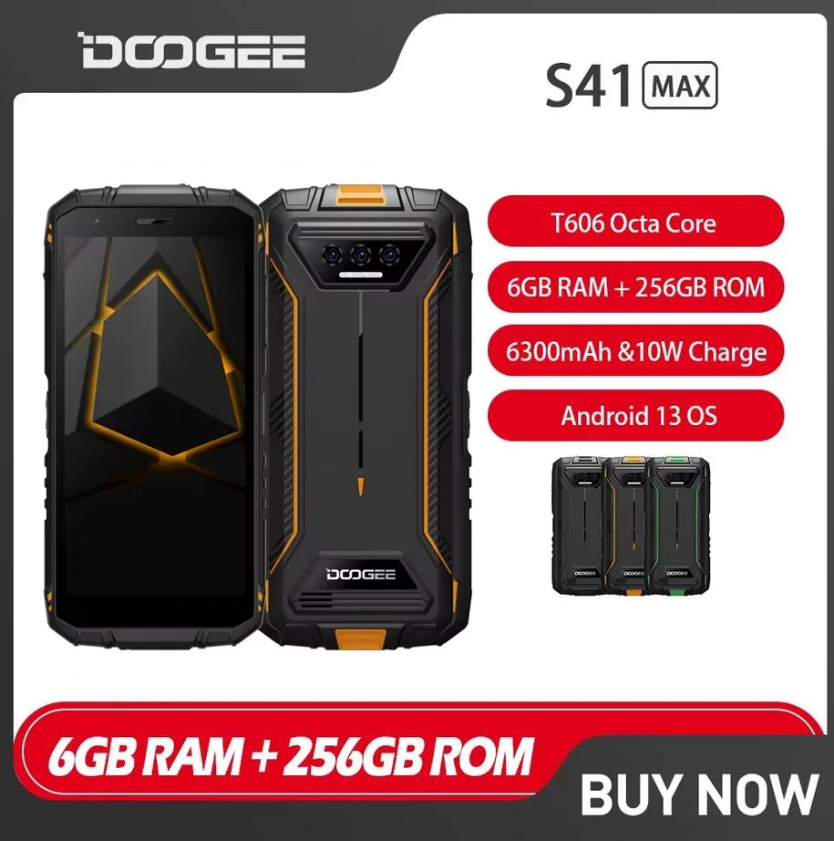 DOOGEE S41 Max 견고한 스마트폰, 안드로이드 13, 6GB + 256GB, 5.5 인치 HD + 휴대폰, IP68 및 IP69K, 13MP, 6300mAh 휴대폰, NFC, 구글 페이