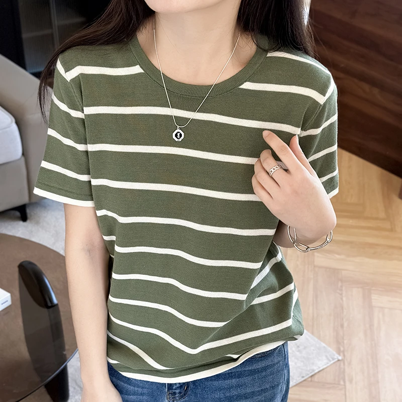 

Летняя женская футболка из 100% хлопка, повседневная, в полоску, тканая, с коротким рукавом, свободного кроя, с круглым вырезом, топ-футболка, безрукавка