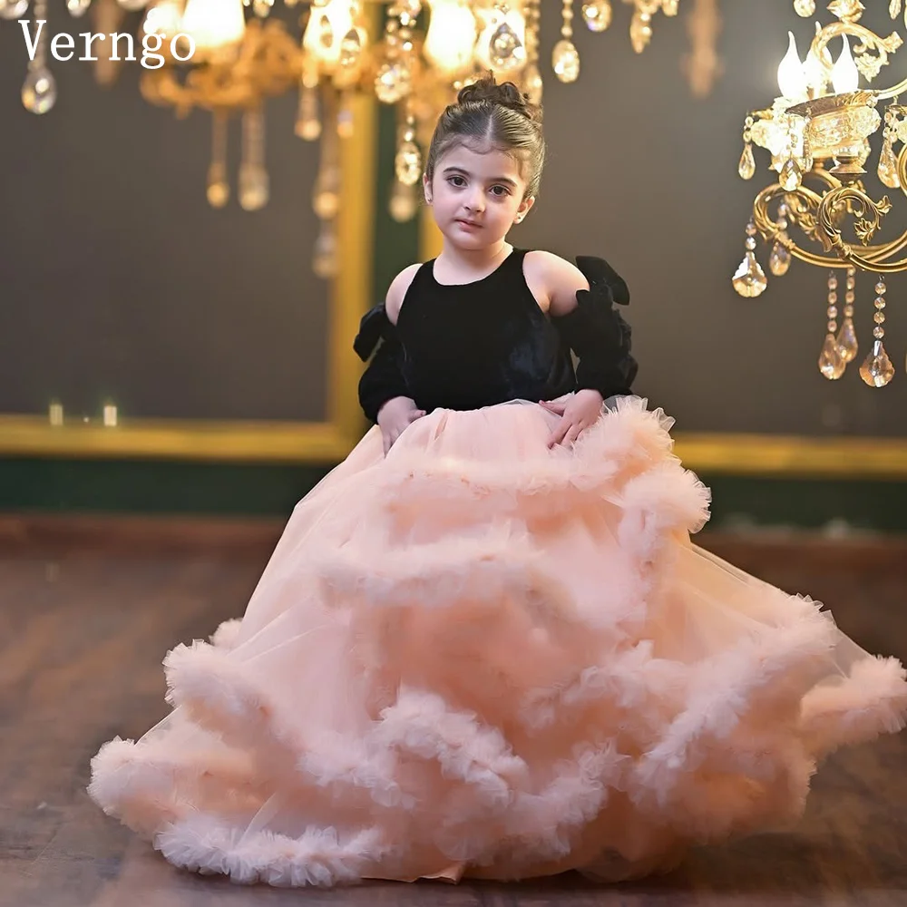 

Verngo Pink Tulle Kid Birthday Party Dress Tiered A Line Girl Flower Dresses Elegant Formal Tutu Dresses Customized