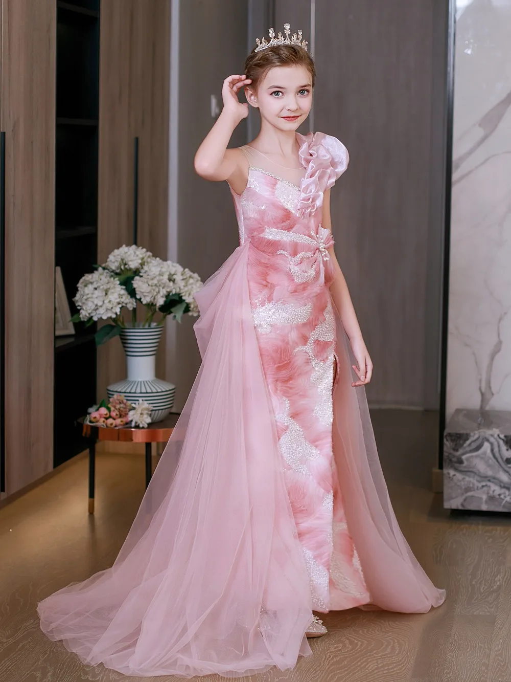 Custom Luxury Dress Women Wedding Guest Dress Flower Girl Wedding Gown Birthday Party Pageant Runway Pink Satin Tulle Princess