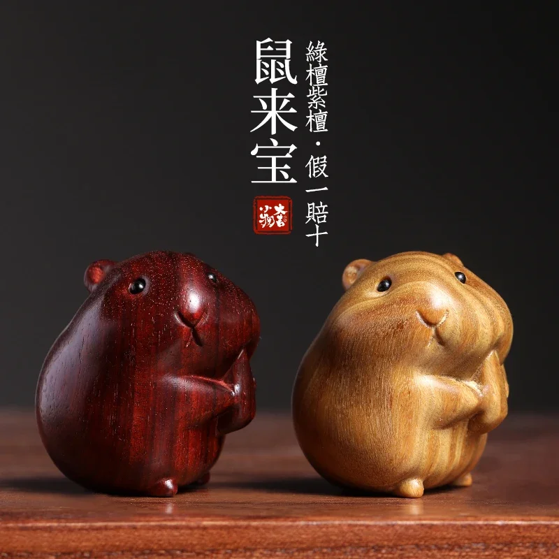 Natural green sandalwood rosewood zodiac mouse figure, cute hand handle, desk ornament, gift for friends