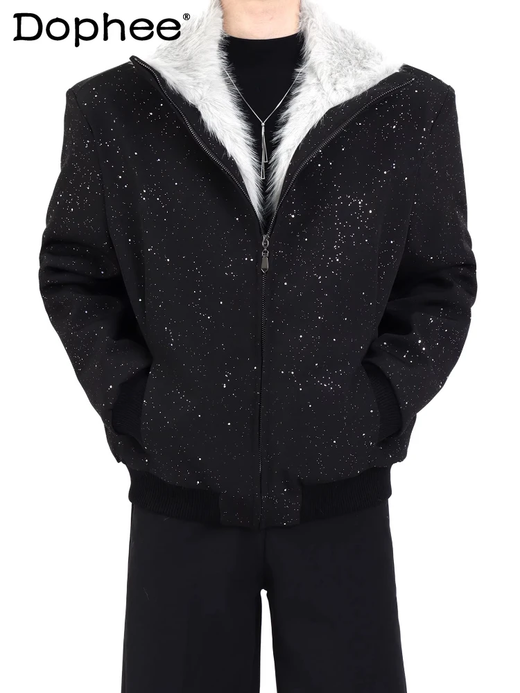 

Men's 2025 Winter New Light Luxury Design Coats Faux Fur Collar Jackets Men's Trendy Fine Flash Plush Padded Shoulder Jackets